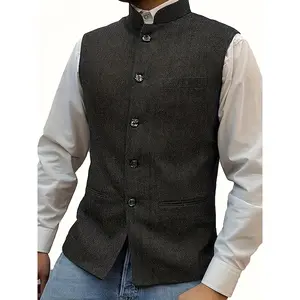[Slim Fit Tweed Wool Vests Suit] Mens Herringbone Wool Vests Suit Business Tweed High Collar Waistcoats Slim Fit