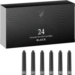 24 Black Fountain Pen Ink Refills - 24 Pack International Standard Size Cartridges - Ink for Fountain  -  & , Long-Lasting & , Dries