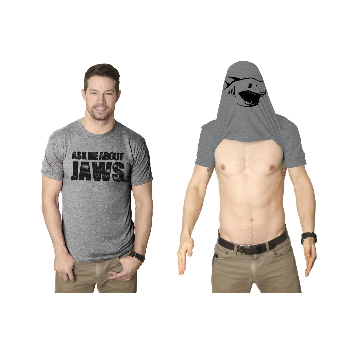 Mens Ask Me About Jaws Flip Up T Shirt Funny Ocean Shark Movie Tee for Guys Mens Funny T Shirts Cool Vintage Fashion T-Shirt Gift Classic Menswear Shark Apparel for Men Funny Movie Short Sleeve Novelty Tees for Light Grey