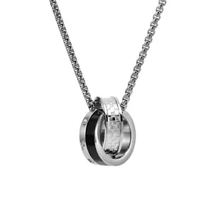 Fashion Titanium Steel Double Circle Necklace Hip Hop Crystal Pendant Long Sweater Chain Accessory