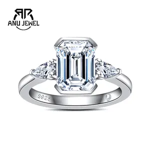 AnuJewel 3cttw Emerald Cut Moissanite Rings D Color 925 Sterling Silver 3 Stones Wedding Rings Gift for Anniversary Brithday Women Her with Certificate
