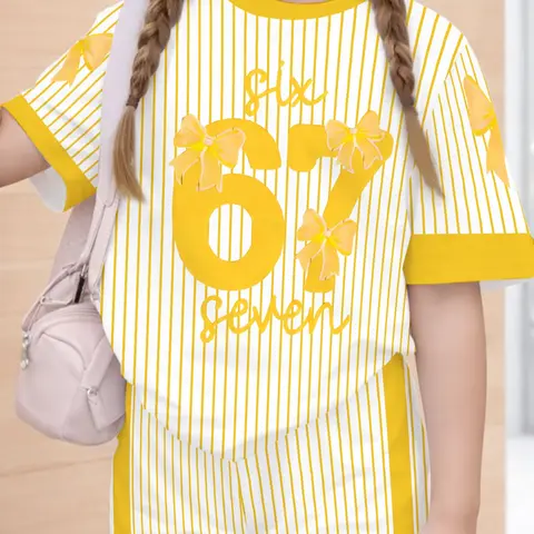 Teenage Girls Casual Minimalist Custom Tee, Cool Number 67 Bow Pattern, Striped Sporty Style, Short Sleeve Set for Summer, Summer Outfits Set, Summer Clothes Set, Summer Clothing Set