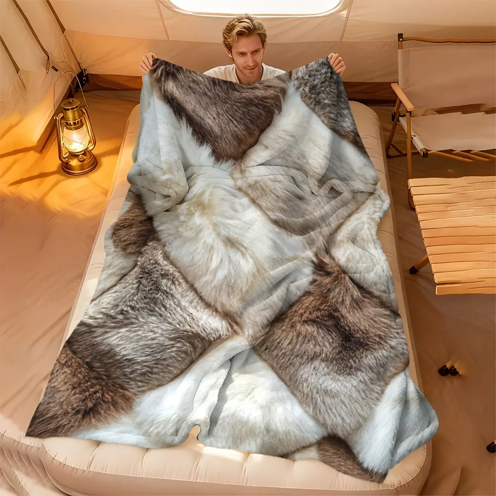 Wolf Fur Blanket, Faux Wolf Print Throw Blanket with Realistic Animal Fur Design, Rustic Cabin Fleece Blanket for Couch Sofa Bed Bedroom Decor, Outdoor Camping Blanket Gift for Nature Lovers