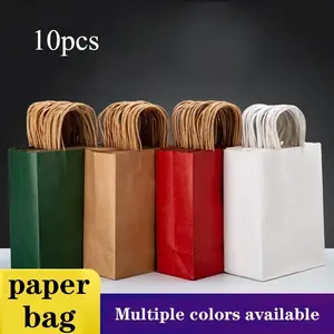 10pcs Colored Kraft Paper Bag Gift Tote Bag, Clothing Store Tote Bag, Food Bread Baking Gift Bag, Holiday Gift Bag, Paper Bag with Handling Jewelry Shopping Bag, Christmas, Wedding, Gift Colorful Paper Bag, Party Favors Assortment
