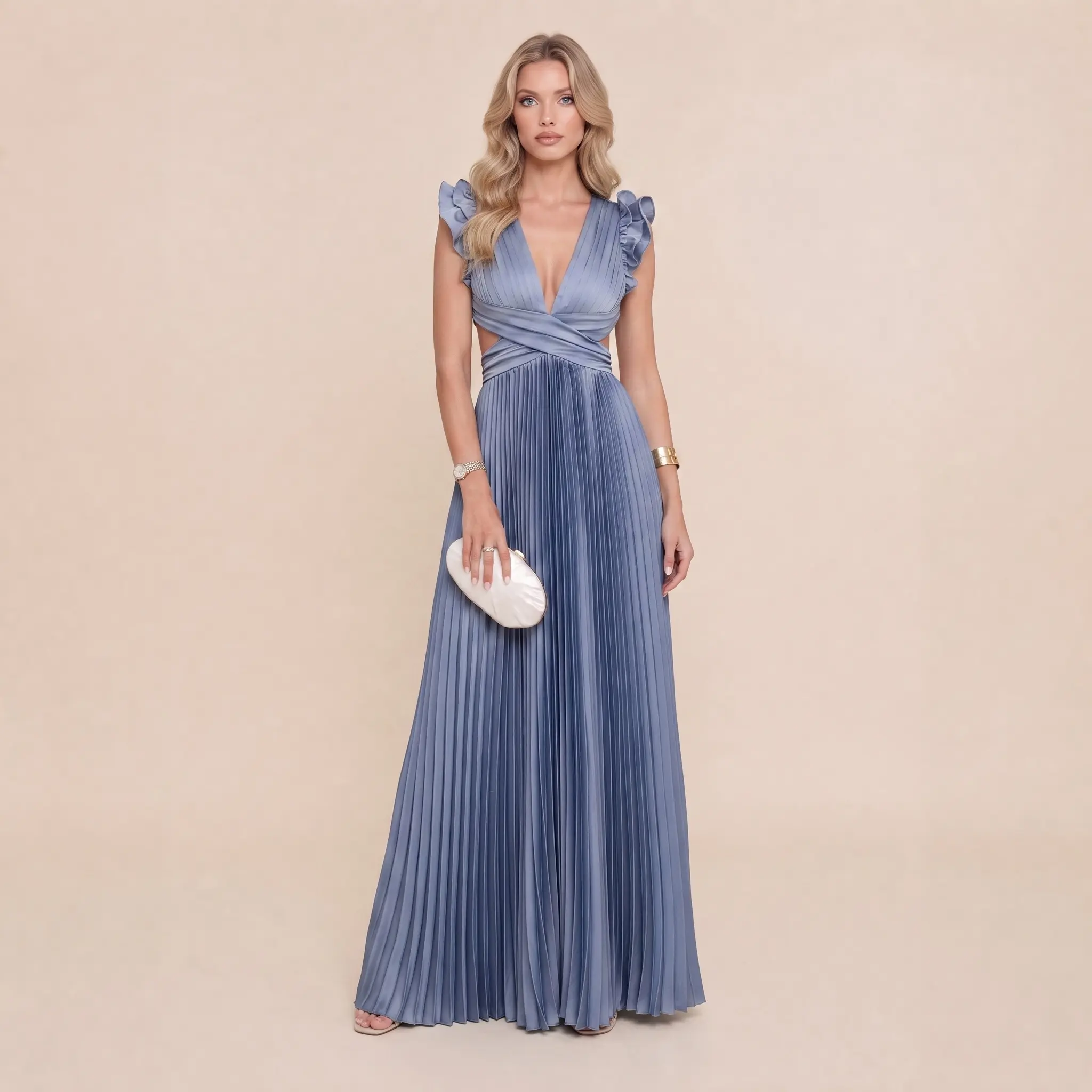 LikeMyChoice Deep V Ruffle Sleeve Cutout Waist Satin Pleated Maxi Dress Formal Wedding Guest Long Gown Women