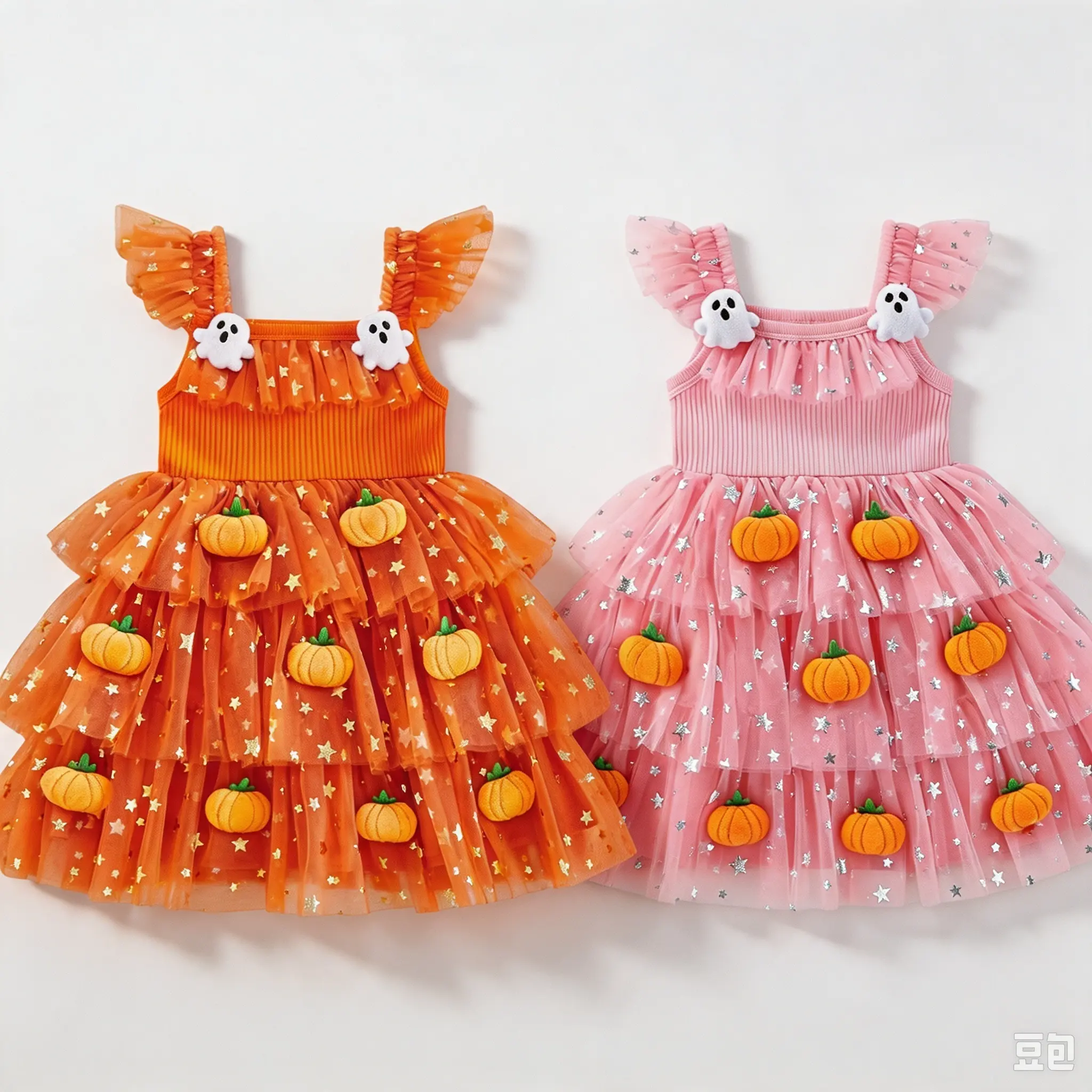 Toddler Girl Halloween Tutu Dress, 3D Plush Pumpkin & Ghost Applique Layered Star‑Print Tulle Dress, Ruffle Fly Strap Fall Halloween Party Cosplay Costume for Little Girls