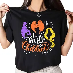 Women's 100% Cotton Graphic T-Shirt Garment - Sanderson/Hocus Pocus Halloween Print, Round-Crew Neck, Shortsleeve Tropical Beach Casual Fall Top, Comfortable Fabric, Outdoor Wear