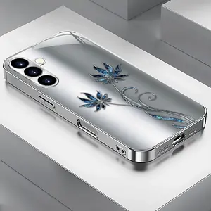 High-end Fashion Trend Minimalist Metal Blue Flower Pattern Electroplated Silver Tempered Glass New Phone Case for Samsung Galaxy S25 24 23 22 21 20 Plus A05 06 14 15 16 24 25 26 34 35 36 54 55 56 Simple, Beautiful, Couples Fashion Case trendy protective,