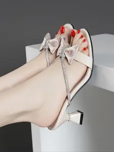 Women's Elegant Bowknot Decor Slip on Heeled Sandals, Trendy Minimalist High Heel Sandals, All-match Chic Heeled Sandals for Summer
