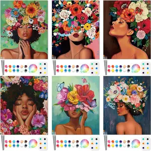6 Pack Canvas Painting Kit Pre Drawn Afro  Cotton Canvas 8 x 10 Inch Stretched  and Sip Set for Adults Party Date Night(Gorgeous Lady)