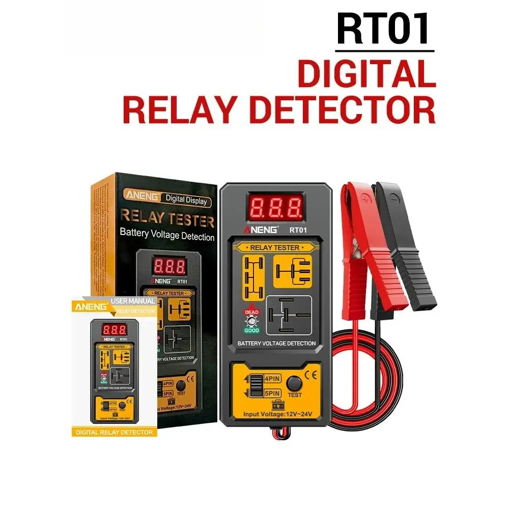 ANENG RT01 Digital Universal Relay Detector Diagnostic Tool, Automotive 11-25V Car Circuit Tester with 4/5-Pin Voltage Detection, Alligator Clips, Digital Screen Display, Automotive Relay Tester