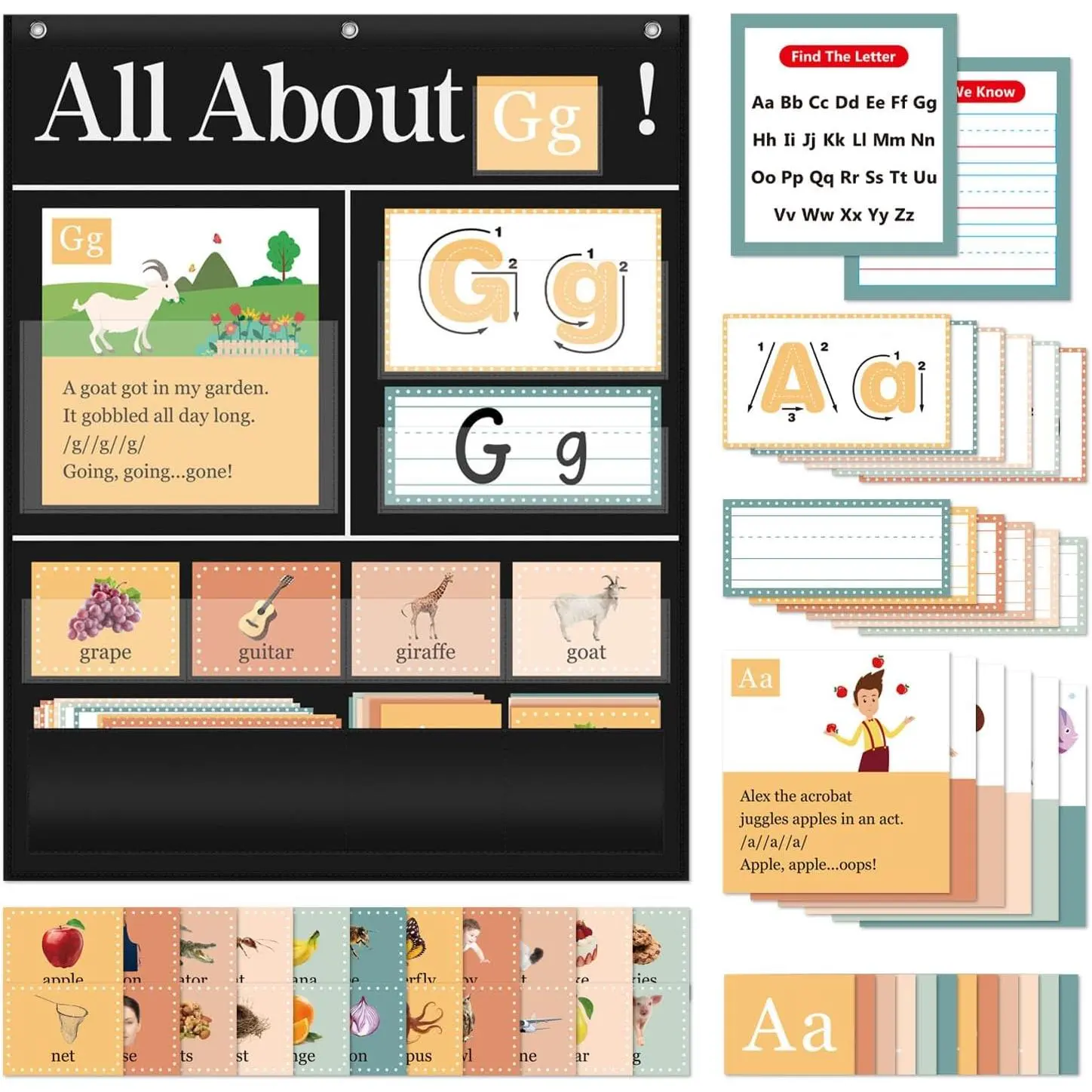 All About Letters Pocket Chart with ABC Flash Cards, 34" X 27", Letter of The Day/Week Daypocket Chart, Letter Tracing Learning Educational Wall Chart  Classroom Homes, Black