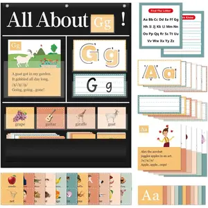 All About Letters Pocket Chart with ABC Flash Cards, 34" X 27", Letter of The Day/Week Daypocket Chart, Letter Tracing Learning Educational Wall Chart  Classroom Homes, Black