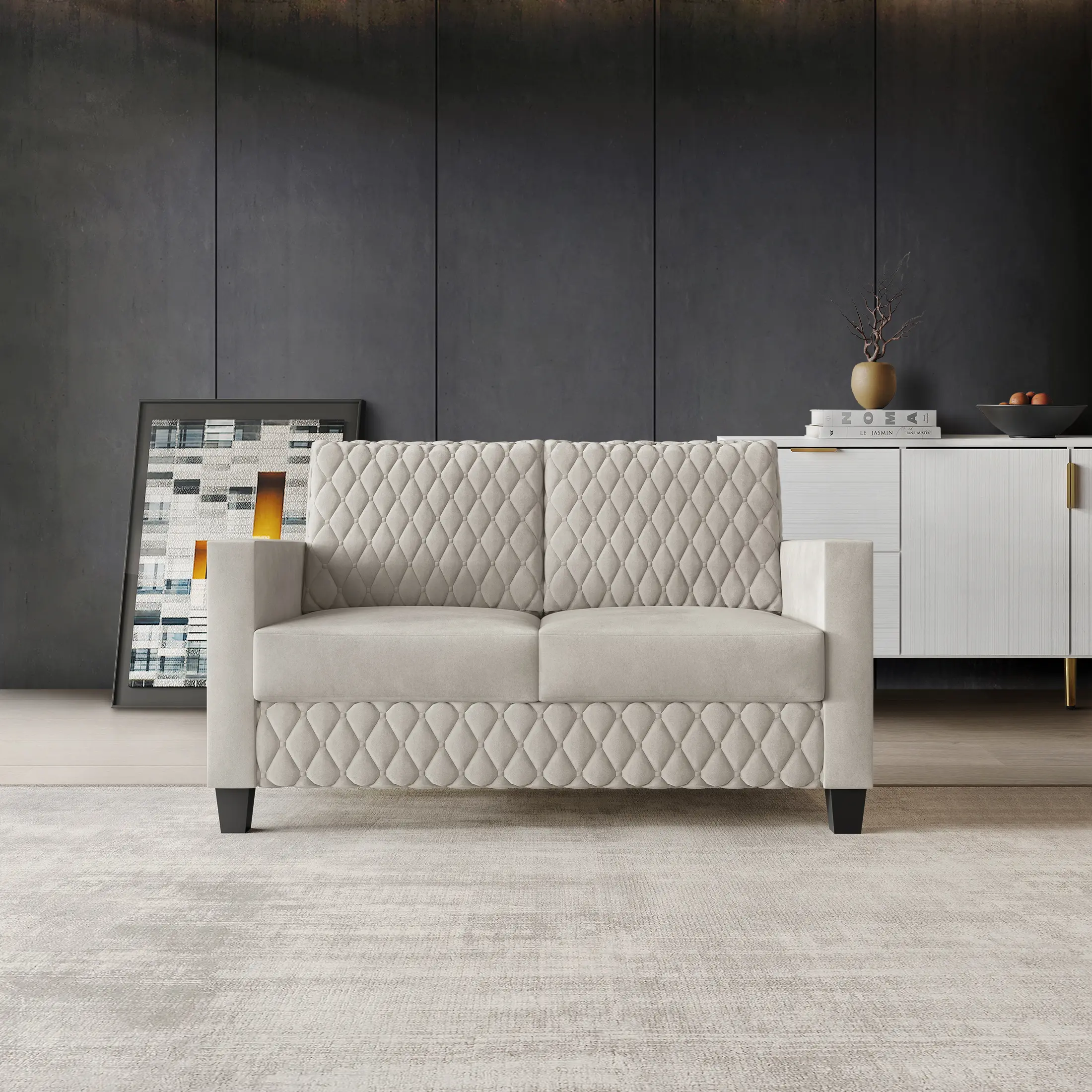 VelvaLuxe Modern Diamond-Tufted Loveseat, 100% Velvet Polyester with Foam Pads, Solid Wood Furniture, Room-Friendly, 33.69" H x 52.80" W x 28.17" D Indoor Sofa