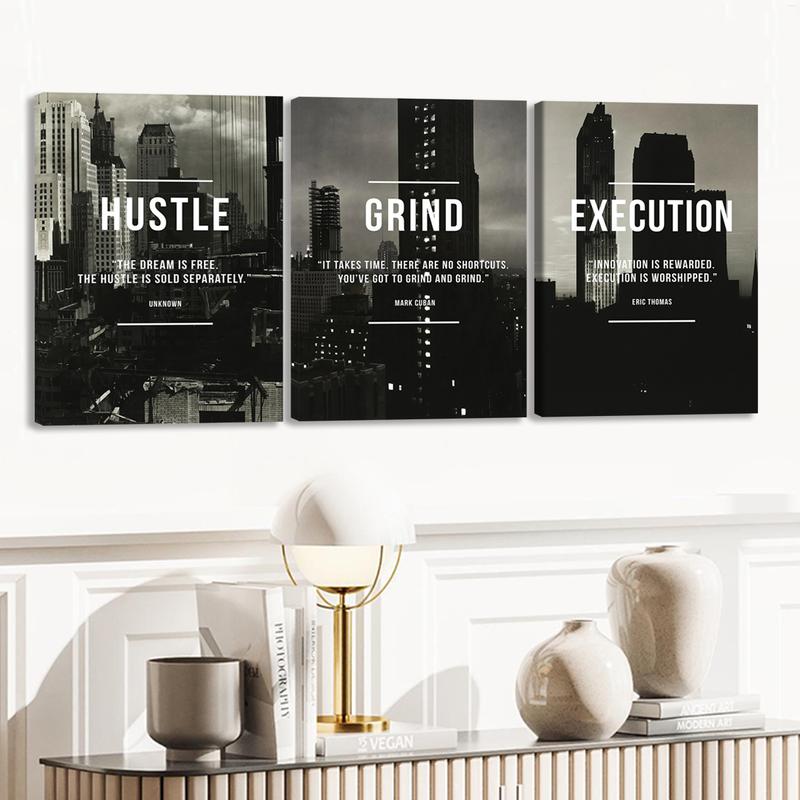3Pcs Wooden Framed Canvas Painting, Black And White Cityscape With Motivational Quotes, Exquisite Poster, Home Decoration, Pattern Wall Art Decor, For Living Room, Bedroom, Office, Restaurant, Bar Wall Decor, Odorless, Painting, Print Artwork.