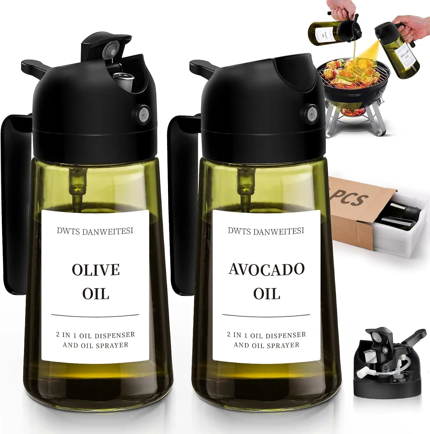 Oil Sprayer for Cooking 2pcs,2 in 1 Oil Dispenser and Oil Sprayer Kitchen Gadgets,16oz Dark Green Glass Oil Spray Bottle(Light Blockage),Perfect Kitchen Accessories