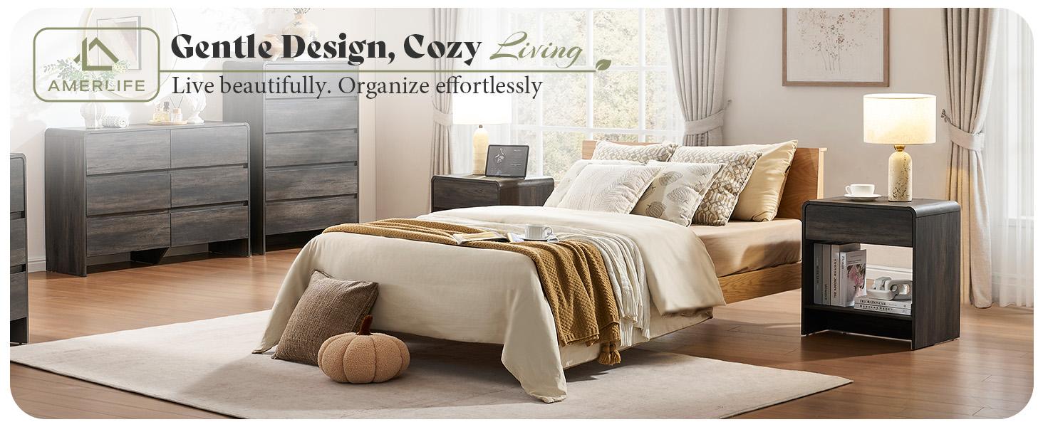 AMERLIFE 2 Different Style Modern Night Stand with Storage Drawer & Open Shelves, Small Nightstand & Bedside Table with Open Shelf, Curved Profile Design & Pine Handles, Wood End Table for Bedroom, Living Room,