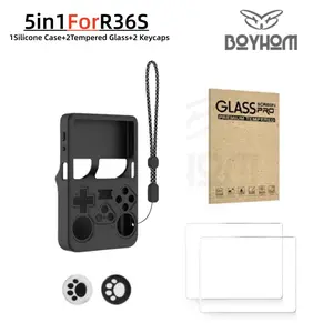 R36s Handheld Game Console Accessory Kit, Includes 2 Tempered Glass Screen Protectors, 2 Joystick Caps, Silicone Case, Protects Gaming Console