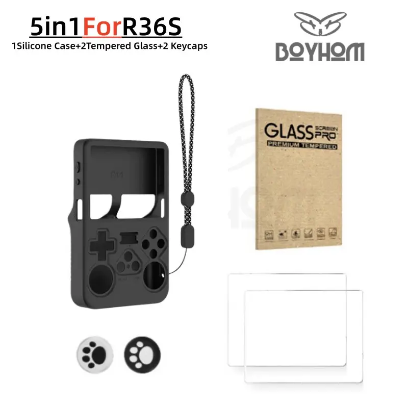 R36s Handheld Game Console Accessory Kit, Includes 2 Tempered Glass Screen Protectors, 2 Joystick Caps, Silicone Case, Protects Gaming Console, Game Peripherals, Game Night Gadget, Gaming Items