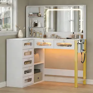 Vanity Desk with Mirror and Lights, 43" Big Modern Vanity Desk, Transparent Top with 2 RGB Drawers, Power Outlet & Stool, Modern Ample Storage Dressing TableENLX