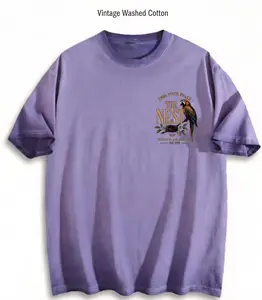 Menswear Vintage Washed Cotton Oversized Short-Sleeve Round Neck Top - "THE NEST" Graphic, Soft Distressed Unisex Streetwear Tee, Breathable Relaxed Fit Crewneck for Casual Outings, Effortless Everyday Wear
