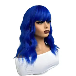 14 Inch Pink Blue Green White Bob Wigs With Bangs For Women Loose Wavy Wig Pastel Wavy Shoulder Length Bob Synthetic Cosplay Wig For Girl Colorful Costume Wigs For Daily Party Use