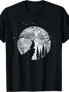 Humorous Pet Bunny T-Shirt Featuring a Rabbit And Hare Design Under a Full Moon at Night, Suitable for Both Men And Women, Perfect for Summer  with Short Sleeves And Made of Pure 220G Fabric