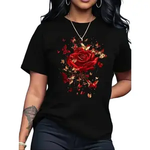 Rose & Butterflies Tee - Valentine's Day Shirt, Romantic Graphic Top, Anniversary Surprise,Regular length T-shirt, suitable for both men and women, simple style, sporty and casual.,Women's fashion,summer Women's clothes,vintage shirts