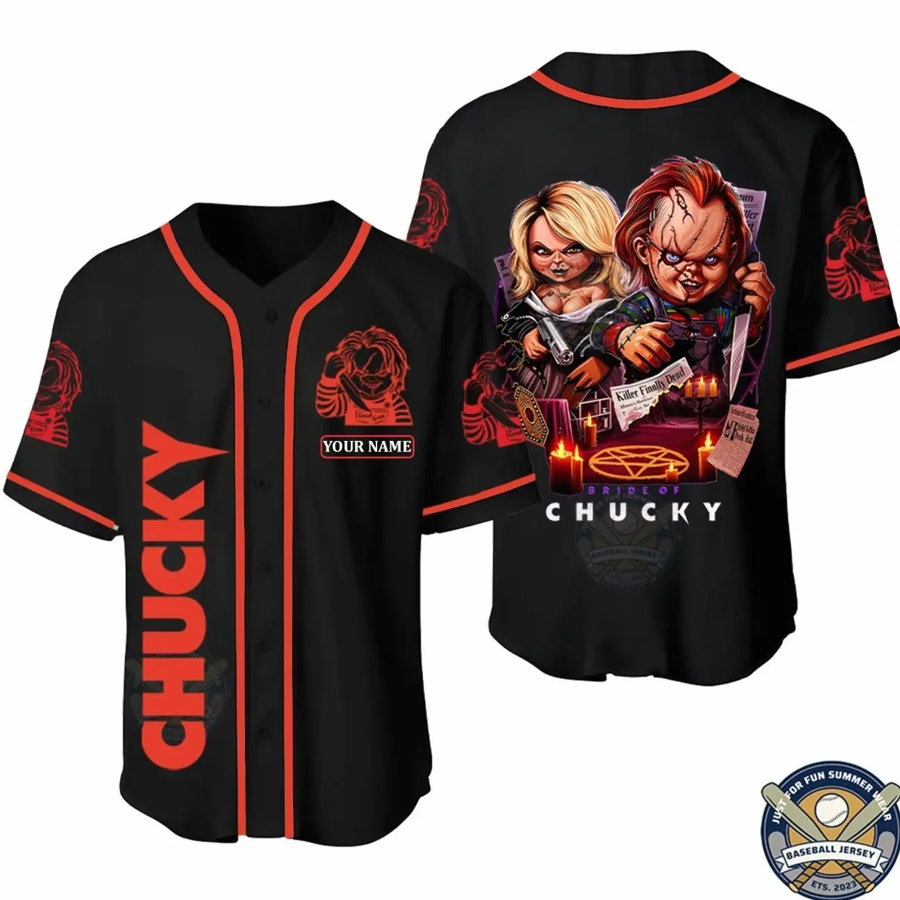 Wanna Play Chucky Shirt Personalized Custom Name Halloween Shirt Jerseys Breathable Men's Baseball Jersey 3D Printed Unisex Horror Tiffany and Chucky Outfit For Halloween Movie Gift Shirt Fan EWP