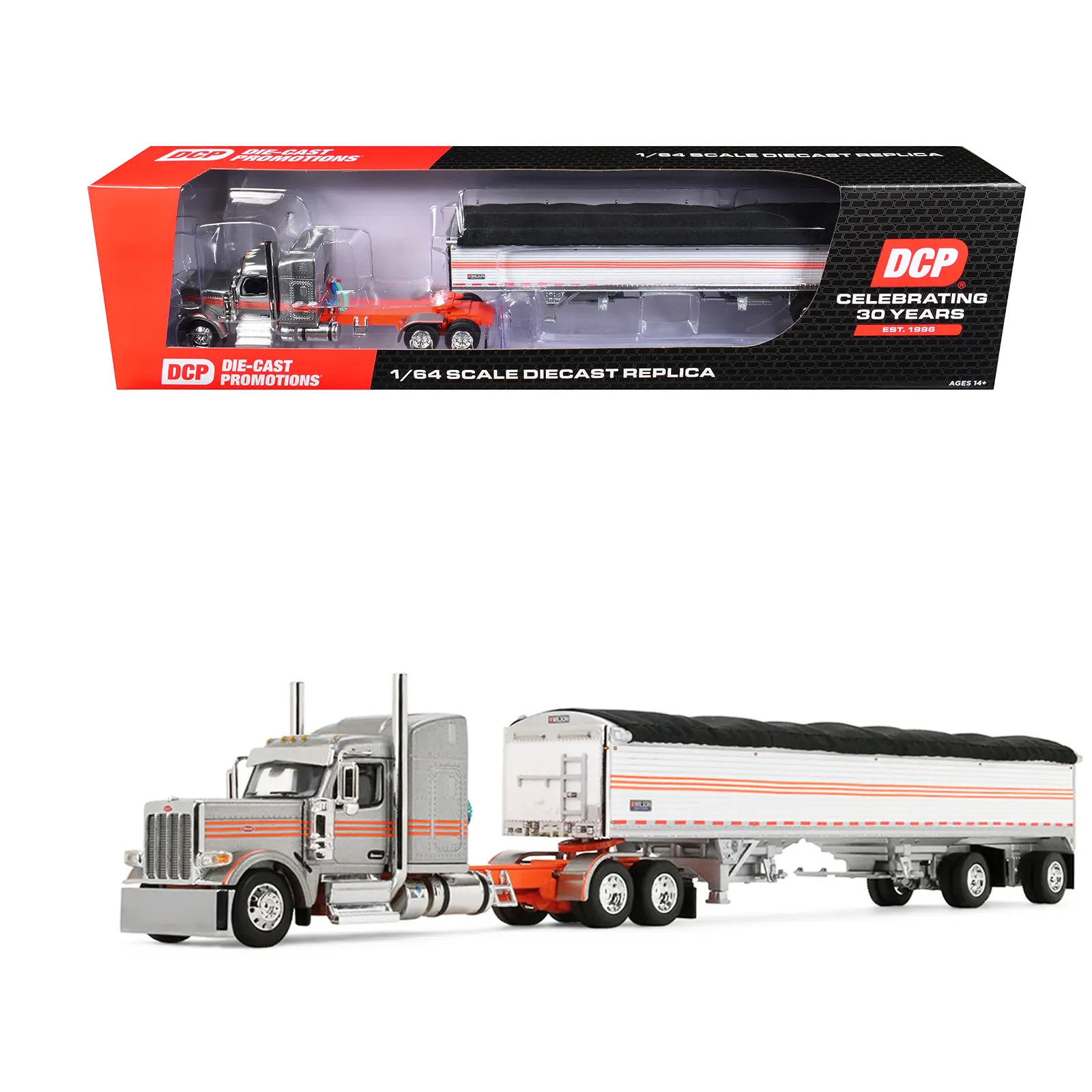 Peterbilt 589 with 58" Mid-Roof Sleeper and 50' Wilson Trailer Silver Metallic with Orange 1/64 Diecast Model by DCP/First Gear