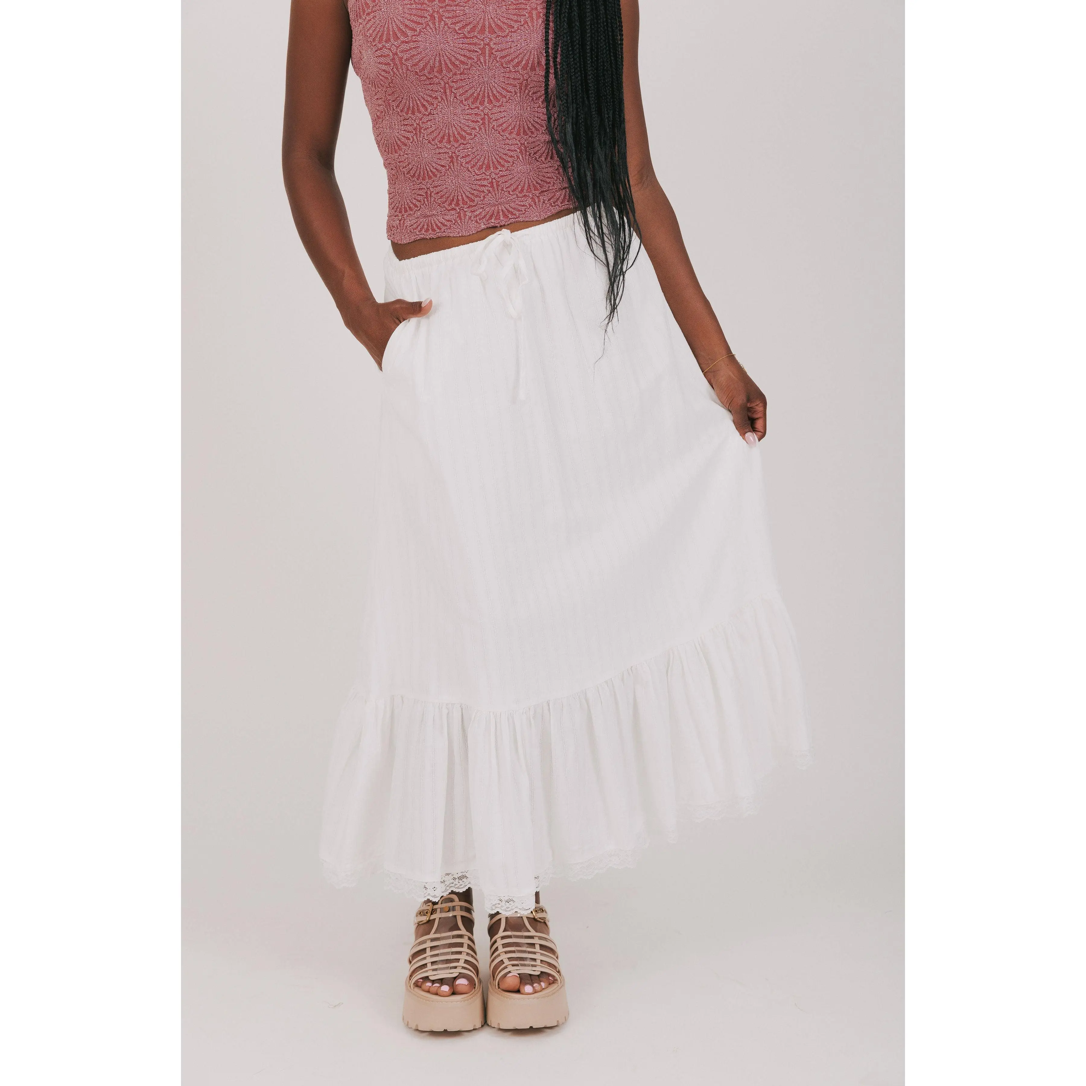 Women's Coastal Drift Skirt, Lady's Inclusive Sizing Casual Skirt with Lace, Tiered Design
