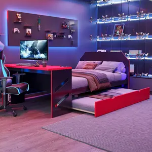 Full Size Bed with Twin Trundle and Charging Station, Gaming Flair Wood Bed Frame with Desk and USB Charging for Bedroom or Study Rooms, No Box Spring Needed (Red)
