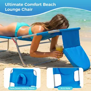 Tanning Chair, 225LBS Beach Lounge Chair with Face Arm Hole & Hand Shoulder Strap, Folding Layout Sunbathing Chair, Face Down Outdoor Chaise Lounger for Patio, Poolside, Lawn, Backyard
