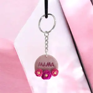 Mama Keychain with Pink Floral Design and Silver Chain