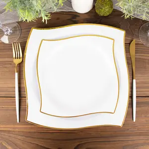 10-Pack Plastic 8" Square Dessert Plates in White with Gold Wavy Rim Modern - Disposable Salad Appetizer Party Plates for Luxe Events & Banquets