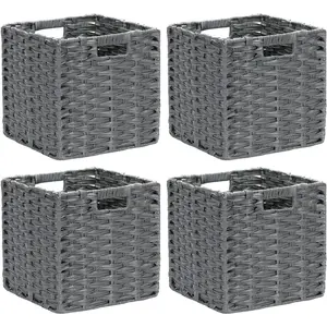 Wicker Storage Baskets for Shelves, Plastic Woven Cube Storage Bins Set of 4, 11x11x11 inch Foldable Wicker Baskets for Shelves,Closet, Clothes, Toys-Grey