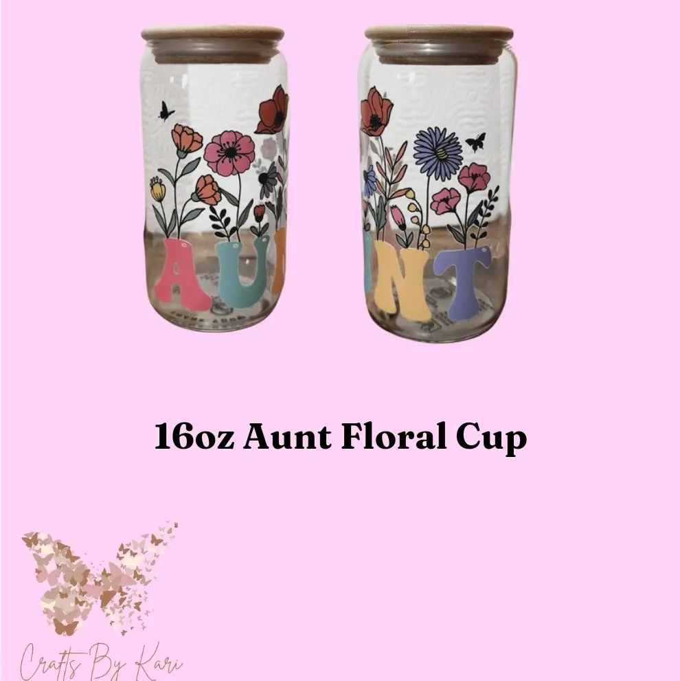 Aunt Floral 16oz Libbey Glass Cup | Cold Beverages with Lid and Straw