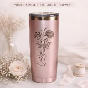 Customized Birthflower Engraved Tumbler - Personalized with Your Name & Birth Month Flower Design
