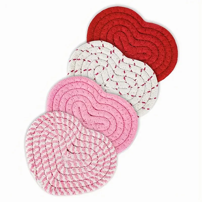 Heart-Shaped Hand-Woven Four Coasters Set, Romantic Scented Design, Perfect Gift for Valentine's & Mother's Days, Versatile Seasonal Use