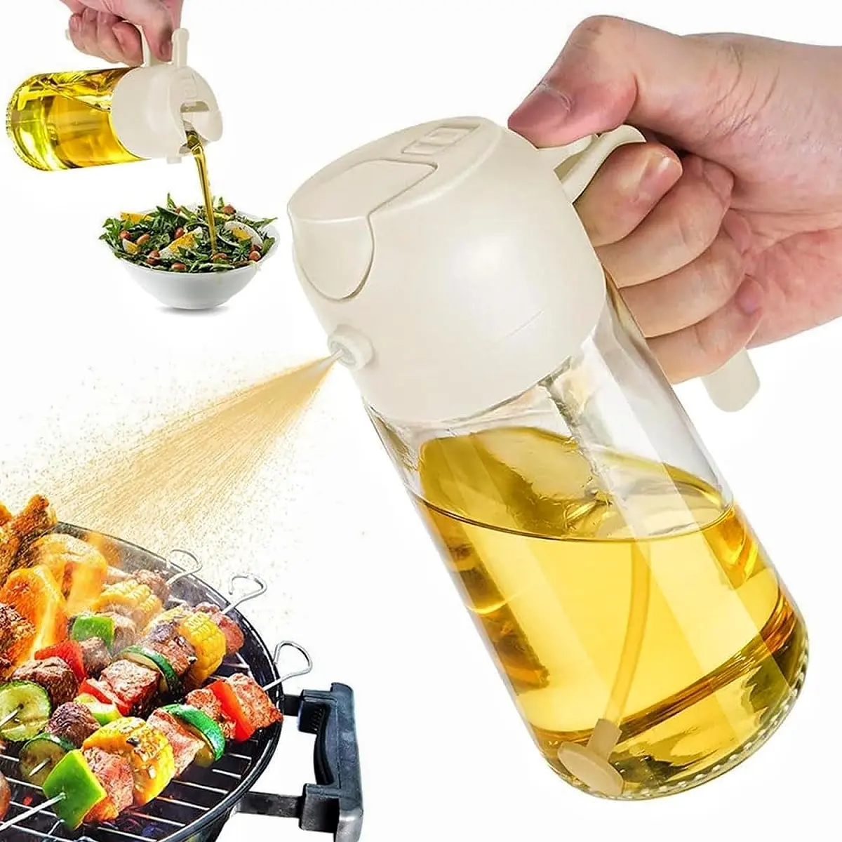 2-in-1 Oil Bottle/Sprayer for Precise Control - 16oz wide-mouth design prevents spills and allows for precise control of oil usage! The 2-in-1 glass oil bottle provides precise pouring, a fine spray, and easy cleaning. BPA-free.