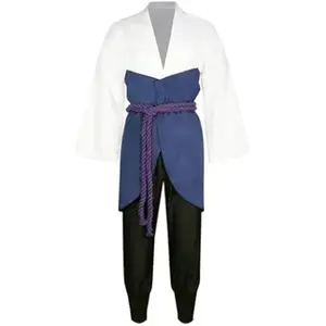Uchiha Sasuke Blue White Ninja Cosplay Costume Set Coat Pants Waist Rope Wrist Guard for Comic Con