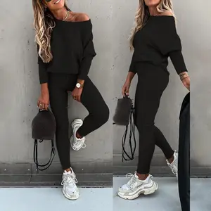 ChicMe Casual Women's Sportswear Set 2-Piece Outfits Cozy Long Sleeve Top with High Waist Slim Pants for Spring
