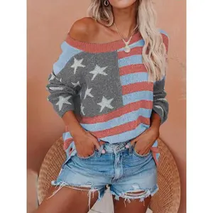 Women's Flag Print Drop Shoulder Crew Neck Knit Top, Casual Longsleeves Round Neck Knitwear for Spring & Fall, Fashion Ladies' Knit Clothing for Daily Wearloo2366