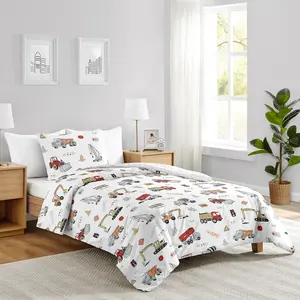 Sweet Jojo Designs 2-Piece Twin Comforter Set (Red Construction Truck) for Boys, Children, Kids Bedding, Bed in a Bag incl. Blanket & Pillow Sham (Transportation, Gray, Blue, Grey & Yellow, Trucks)