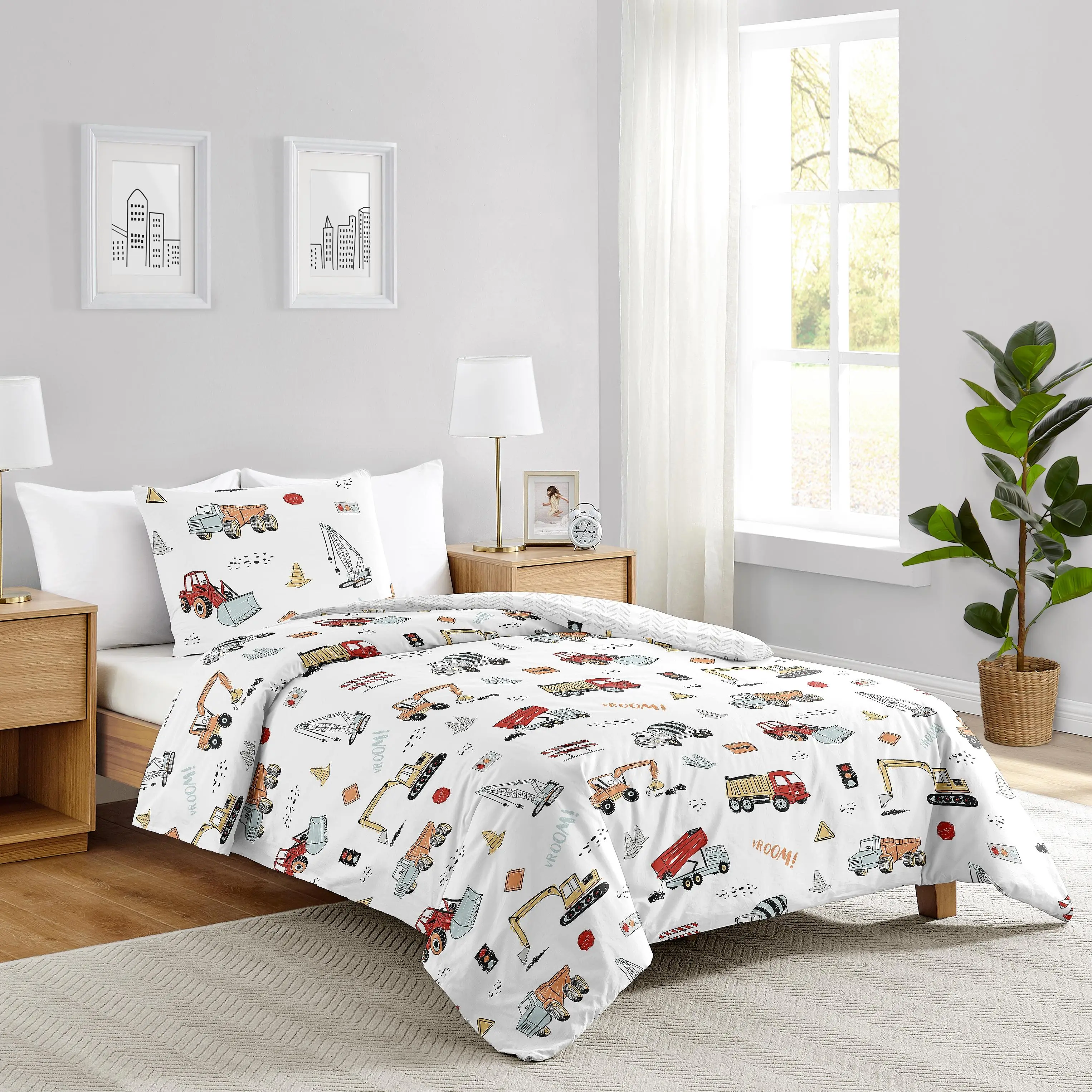 Sweet Jojo Designs 2-Piece Twin Comforter Set (Red Construction Truck) for Boys, Children, Kids Bedding, Bed in a Bag incl. Blanket & Pillow Sham (Transportation, Gray, Blue, Grey & Yellow, Trucks)