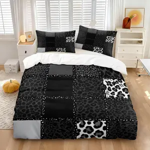 Edgy Black Gray Leopard Print Patchwork Duvet Cover Set, Soft Microfiber Bedding Set, Includes 1 Quilt Cover &1-2 Pillowcase, Bold Animal Print Bed Linen, Stylish All Season Bedroom Decor for Cozy Home
