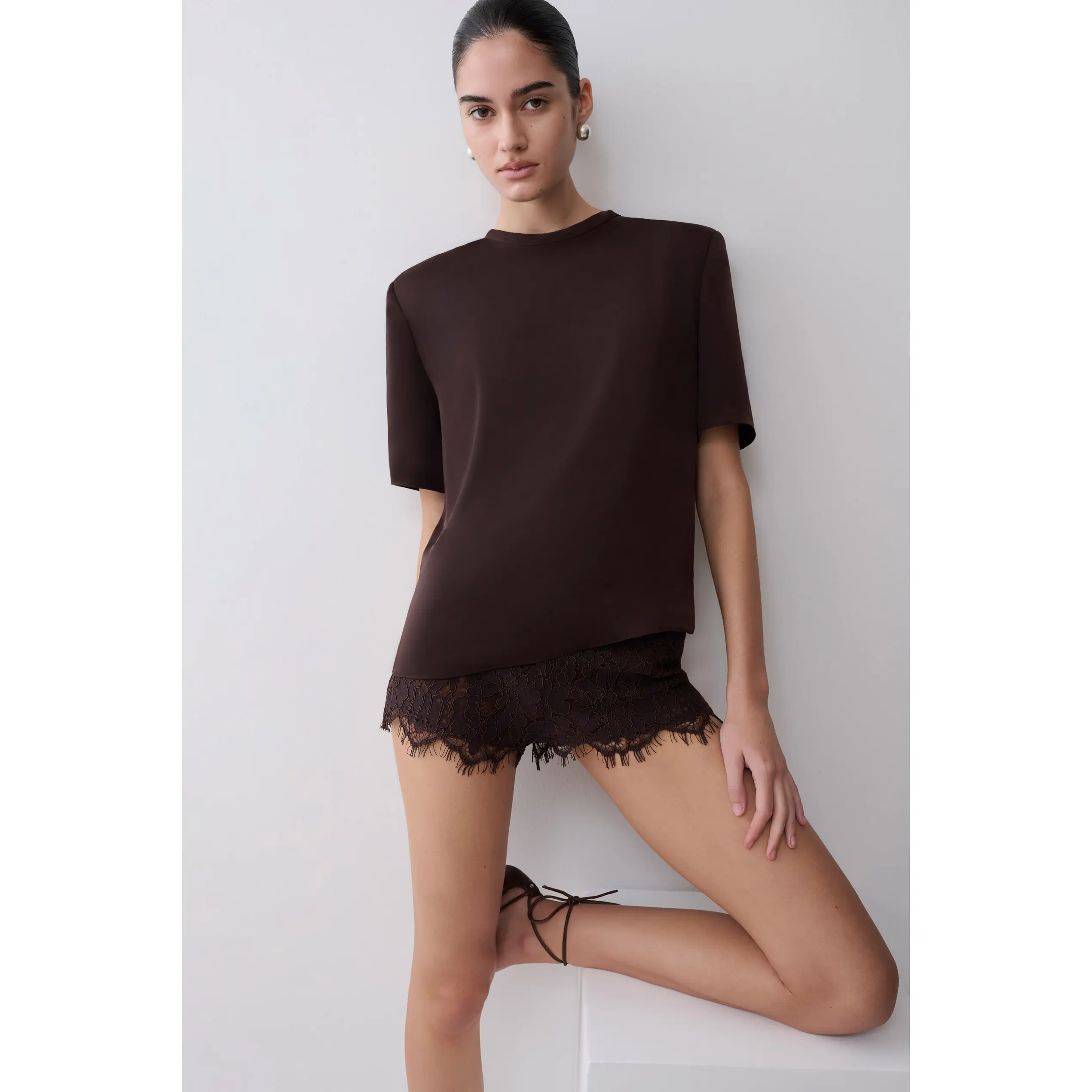 Harlyn Shoulder Pad Short Sleeve Satin Top - Dark Chocolate