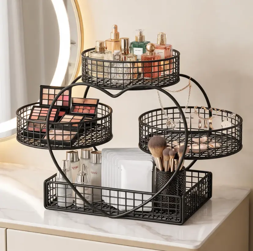 3-Tier Heart-Shaped Iron Frame Kitchen Organiser - Fruit Basket, Vanity Shelf for Organizing Perfumes & Snacks, Includes Storage Bag for Living Room Tidiness