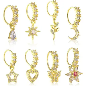 8 count Dangle Nose Ring Hoop  Nose Rings Studs for Women Dangling Nose Piercing  Set Heart  Flower Leaf Butterfly Moon Shape Cute Nose Rings Hoops Charm Cartilage Earring for Women