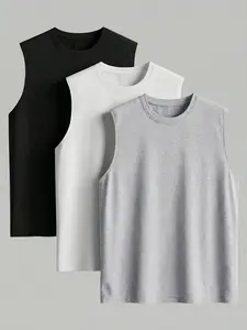 "Men's 3-Pack Basic Blank Tank Tops | Standard Size | Sleeveless Crew Neck Gym Vest | Soft Breathable Cotton Blend | Black/White/Gray Casual Muscle Tees for Fitness & Everyday Wear"